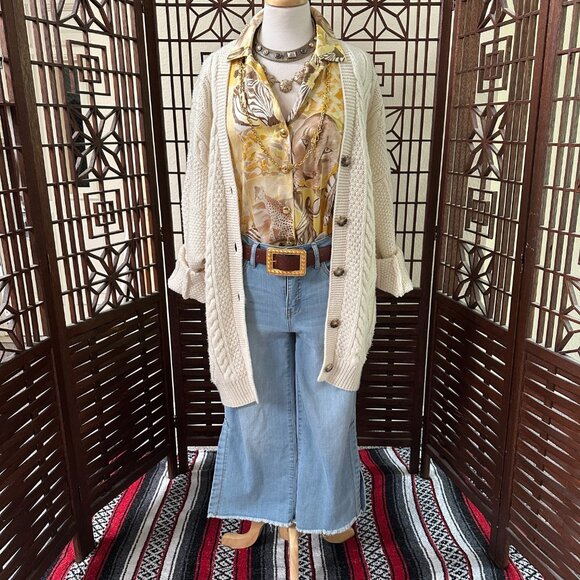 Frame Oversized Extra Fine Merino Wool Cream Cable Knit Cardigan Sweater Sz S/P - Picture 1 of 8
